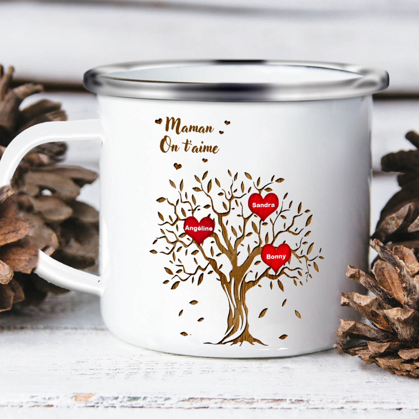À Ma Maman/Mamie - Tasse émaillée d'Arbre de vie 3 Prénoms Personnalisés
