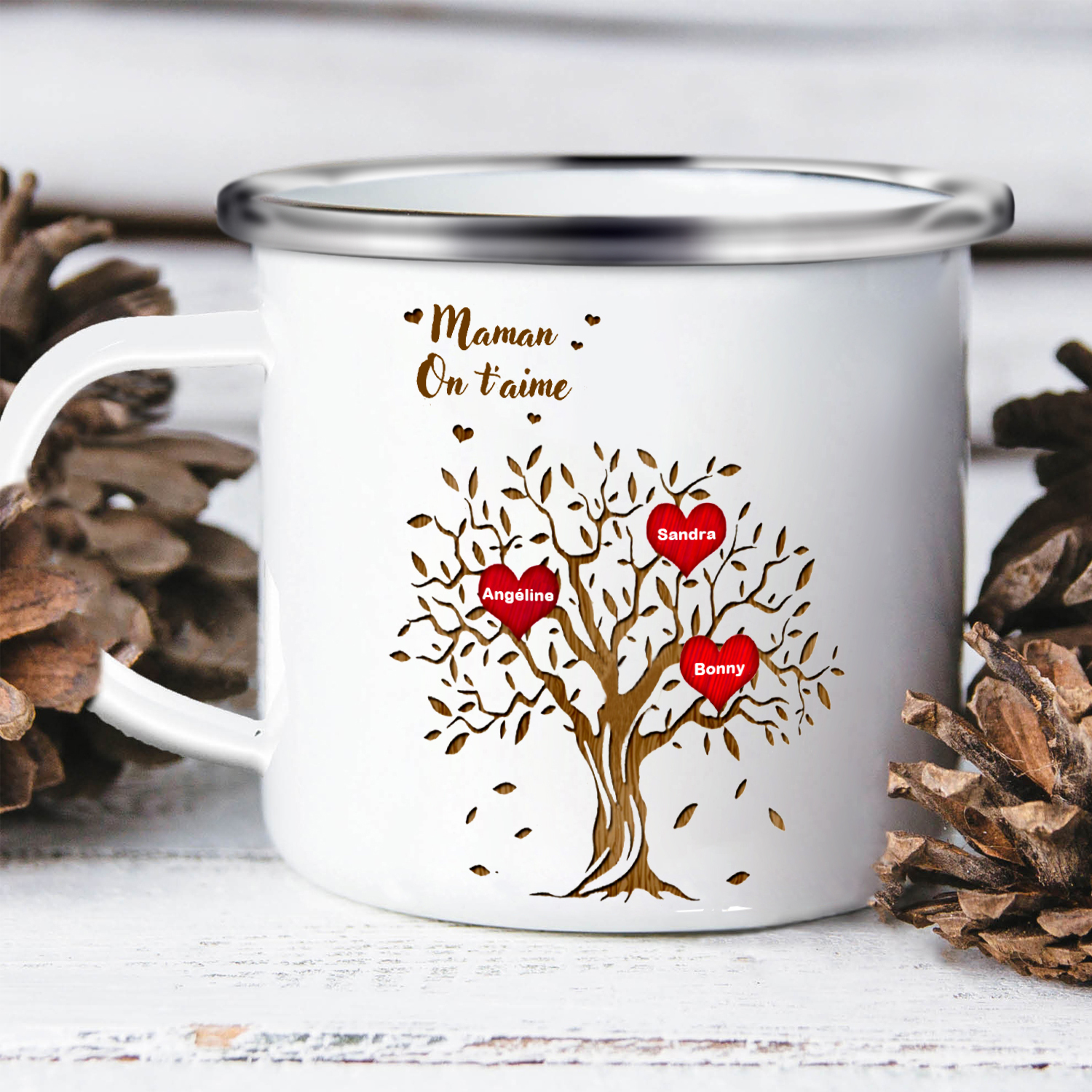 À Ma Maman/Mamie - Tasse émaillée d'Arbre de vie 3 Prénoms Personnalisés