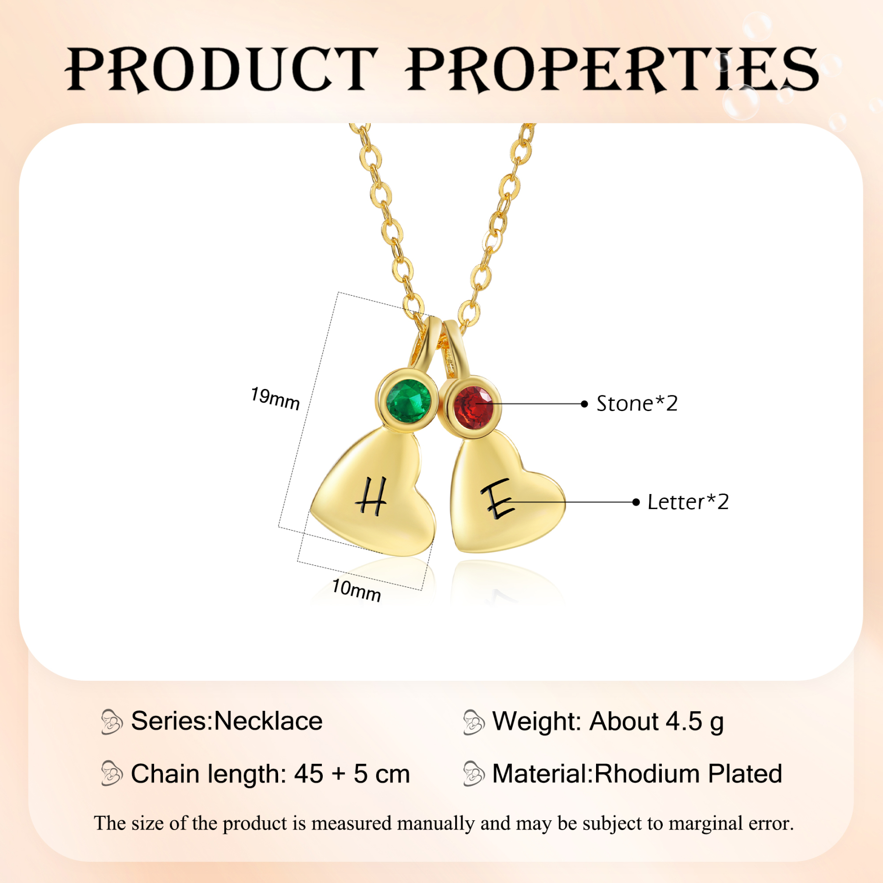 Collier Pendentif Cœur 2 Lettres Personnalisées avec Pierre de naissance pour Femmes