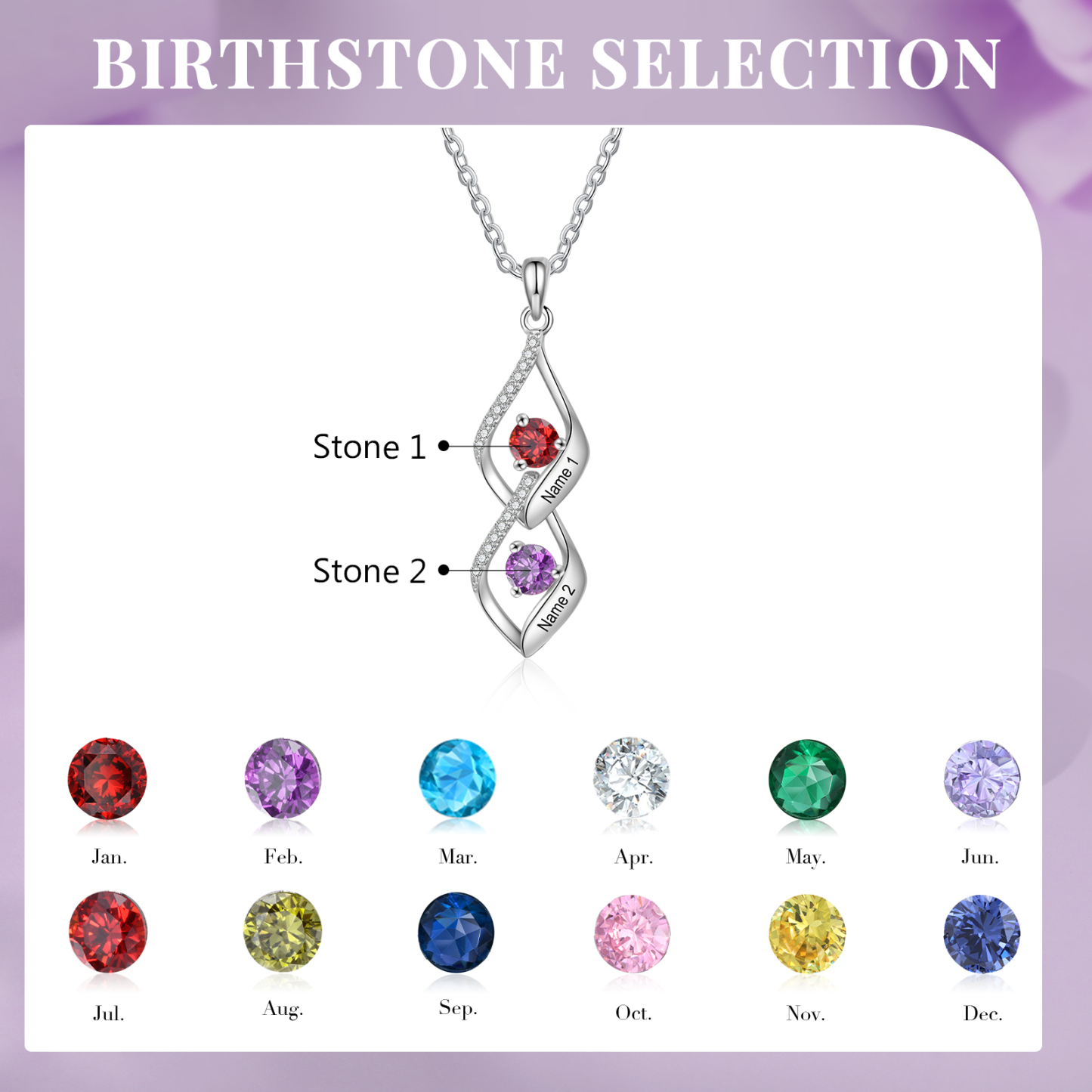 Collier Pendentif infini 2 Prénoms Personnalisés avec Pierre de naissance pour Femmes | Jessemade