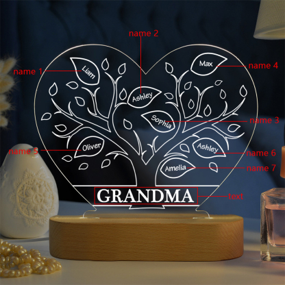À Maman/Mamie - Lampe de chevet LED Arbre 7 Prénoms Personnalisés avec 1 Texte