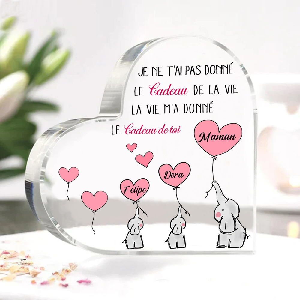 À ma Maman - Plaque Acrylique en Forme de Cœur éléphant 3 Prénoms Personnalisés