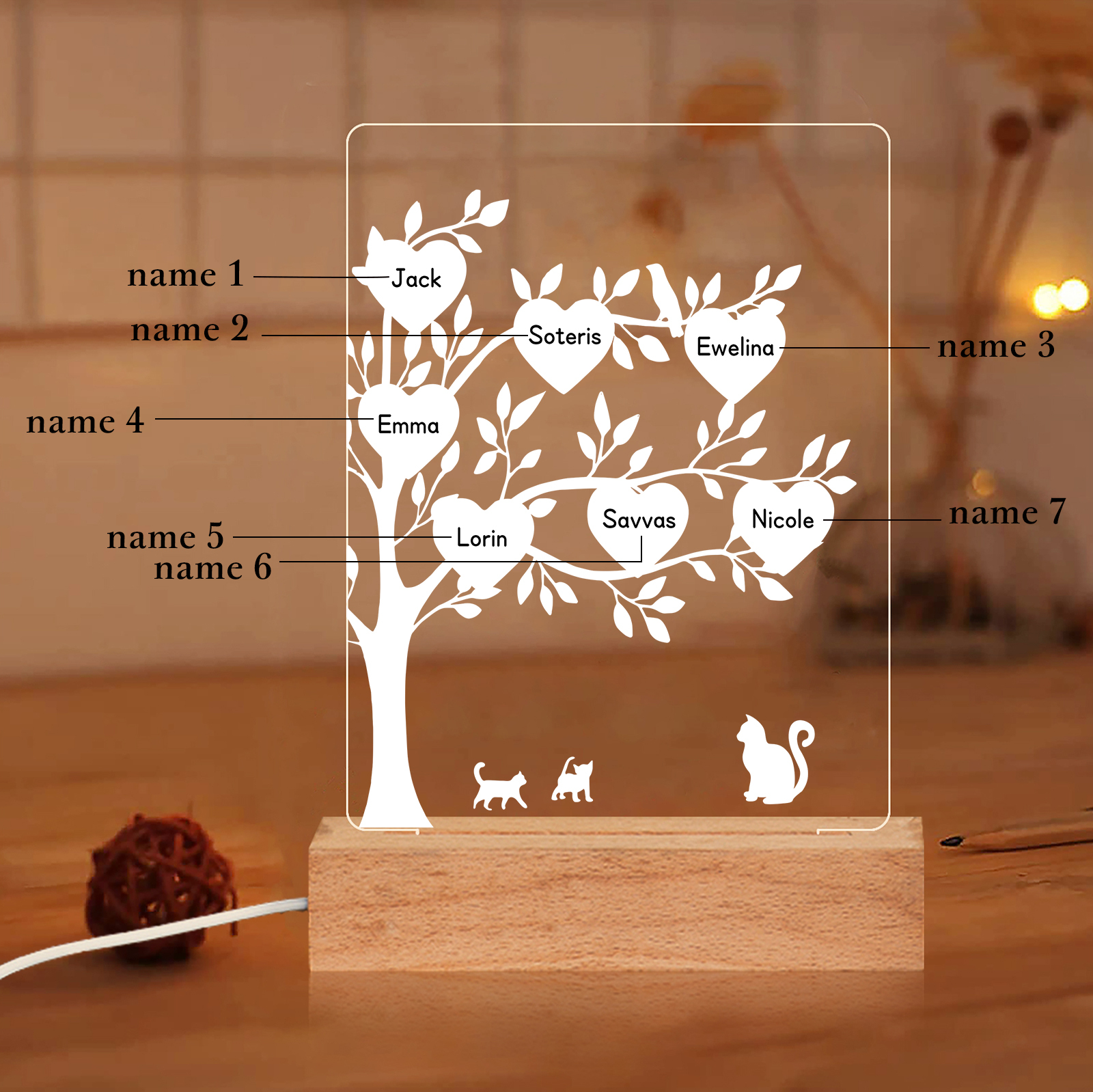 À Maman/Mamie - Lampe de chevet LED Arbre et Chat 7 Prénoms Personnalisés