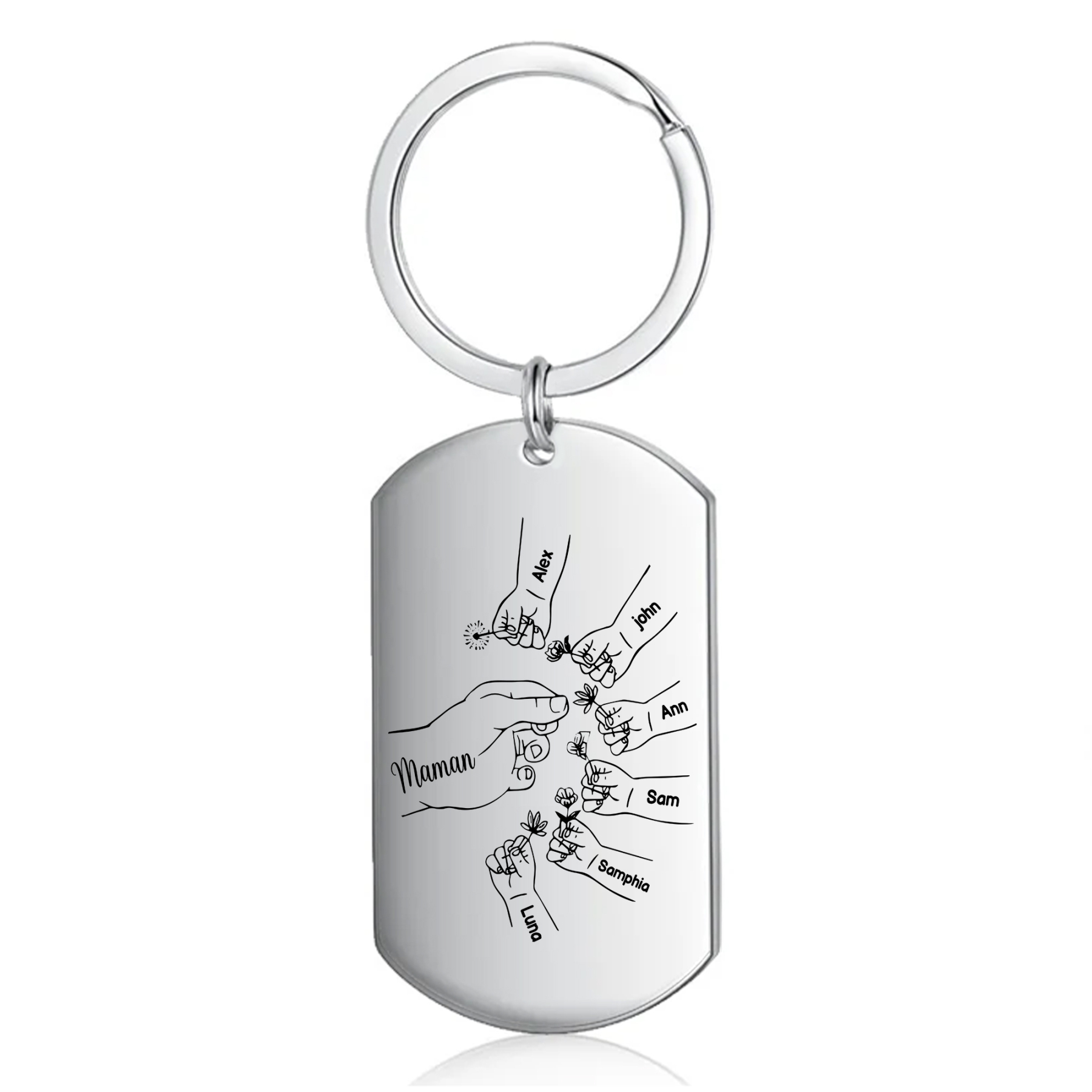 À ma Maman/Mamie - Porte-Clés 2-7 Prénoms Personnalisés Porte-Clés Mains et Fleurs