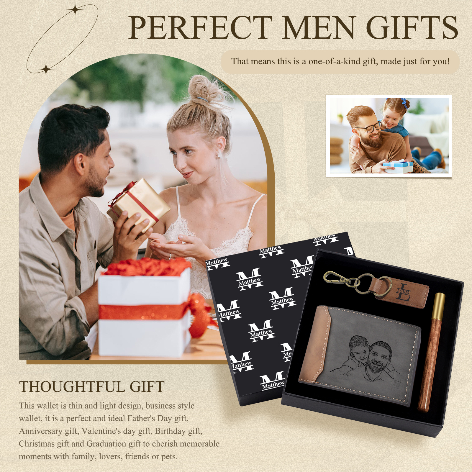 Coffret Cadeau 3PCS - Portefeuille classique Porte-Clés et Stylo 2 Prénoms et 2 Lettres Personnalisés avec 1 Photo Texte et Année Coffret Cadeau pour Homme