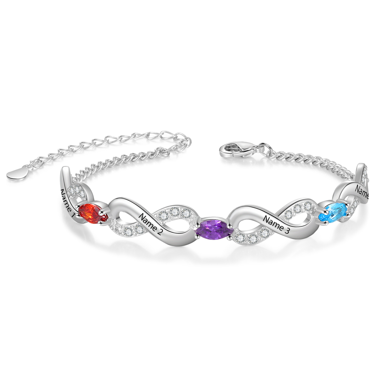 Bracelet Infini 4 Prénoms Personnalisés avec 3 Pierres de Naissance pour Femme