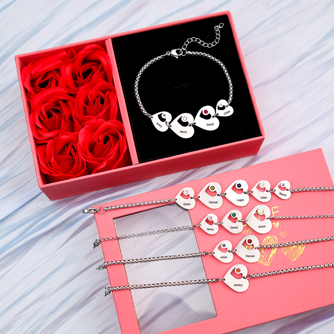 Bracelet Cœur 2 Prénom Personnalisé Bracelet Pierre De Naissance pour Femme｜Jessemade