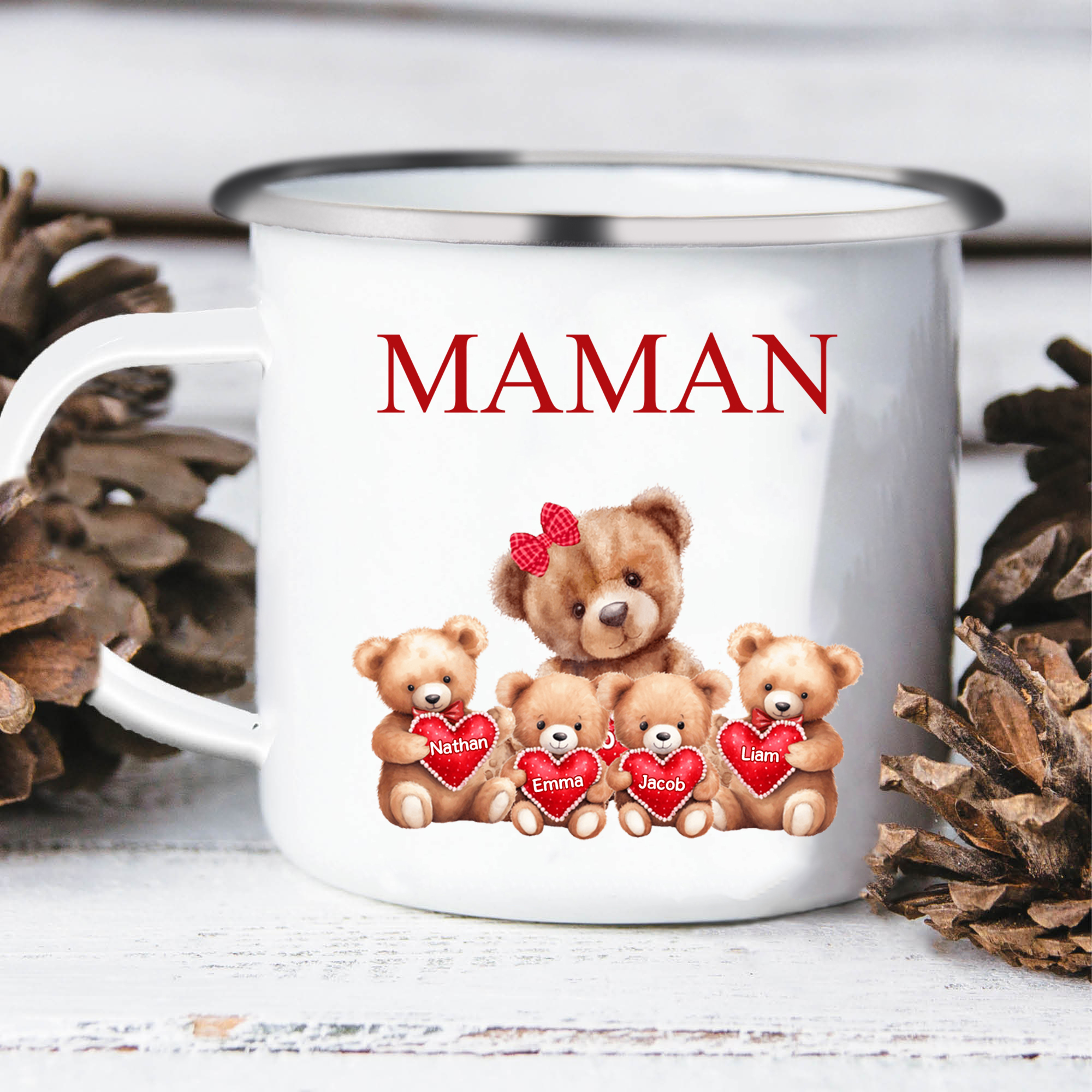 À Maman/Mamie - Tasse émaillée Ours 4 Prénoms Personnalisés