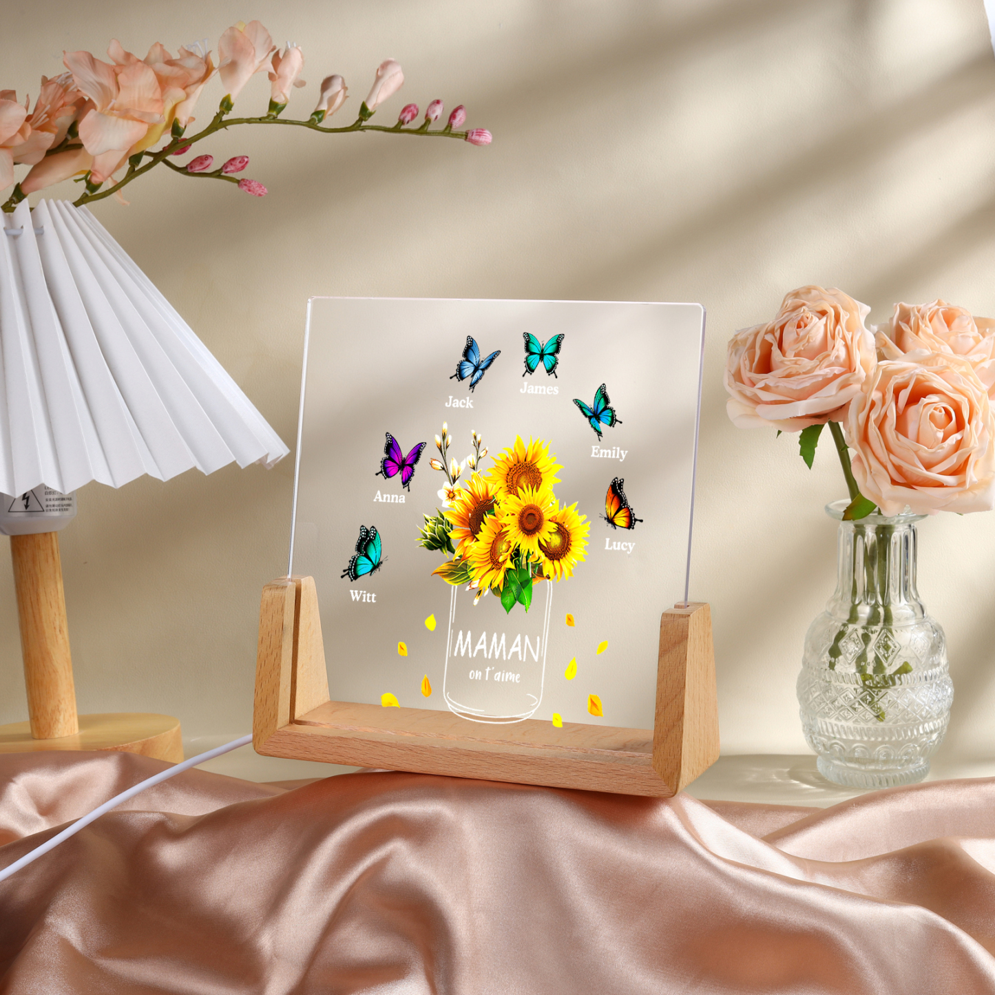 À Maman/Mamie - Lampe de chevet LED Tournesol 6 Prénoms Personnalisés avec 2 Textes pour Famille