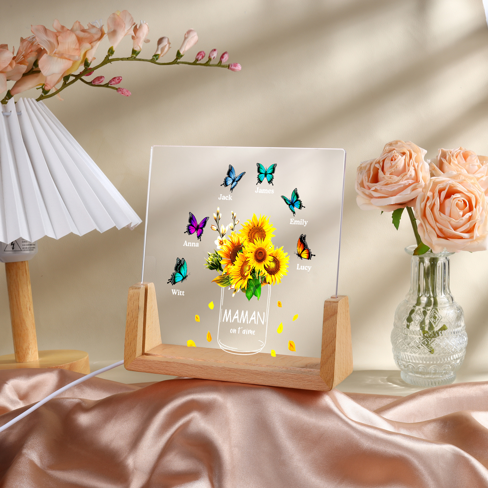 À Maman/Mamie - Lampe de chevet LED Tournesol 6 Prénoms Personnalisés avec 2 Textes pour Famille