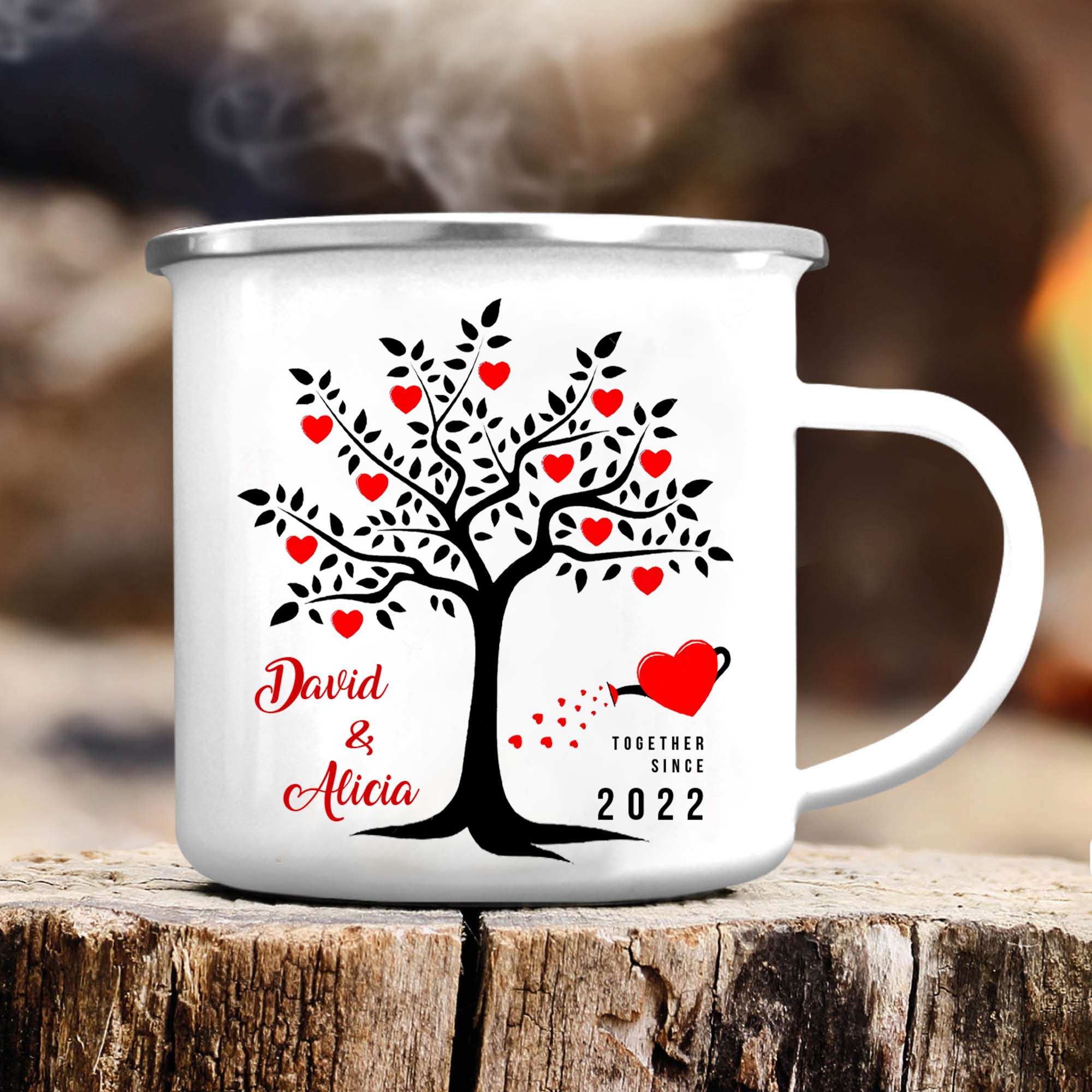 Tasse émaillée 2 Prénoms Personnalisés avec Texte et Année pour Couple