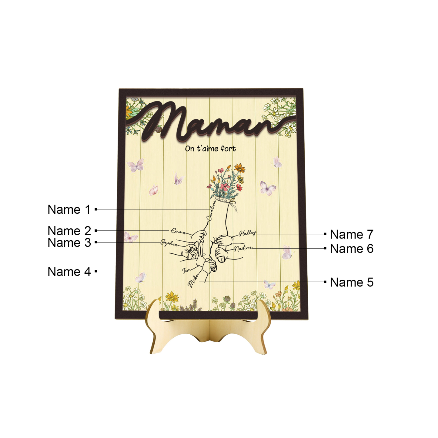 À Maman - Décoration en bois la Main dans la Main 7 Prénoms Personnalisés Ornement Famille
