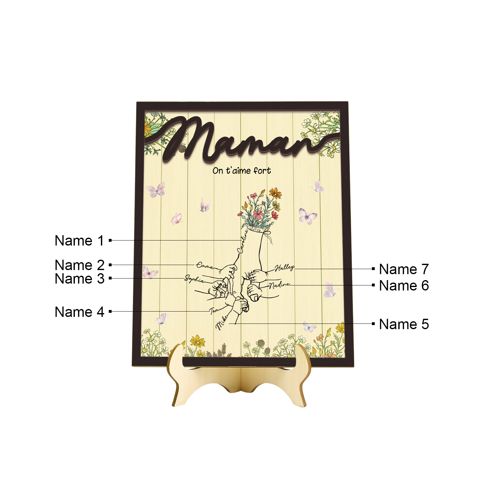 À Maman - Décoration en bois la Main dans la Main 7 Prénoms Personnalisés Ornement Famille