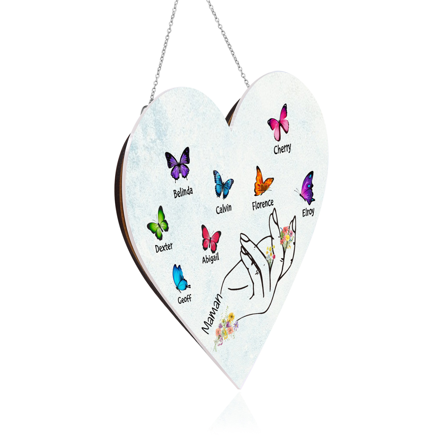 À Maman/Mamie - Veilleuse Cœur Décoration Main et Papillon 8 Prénoms Personnalisés avec 1 Texte