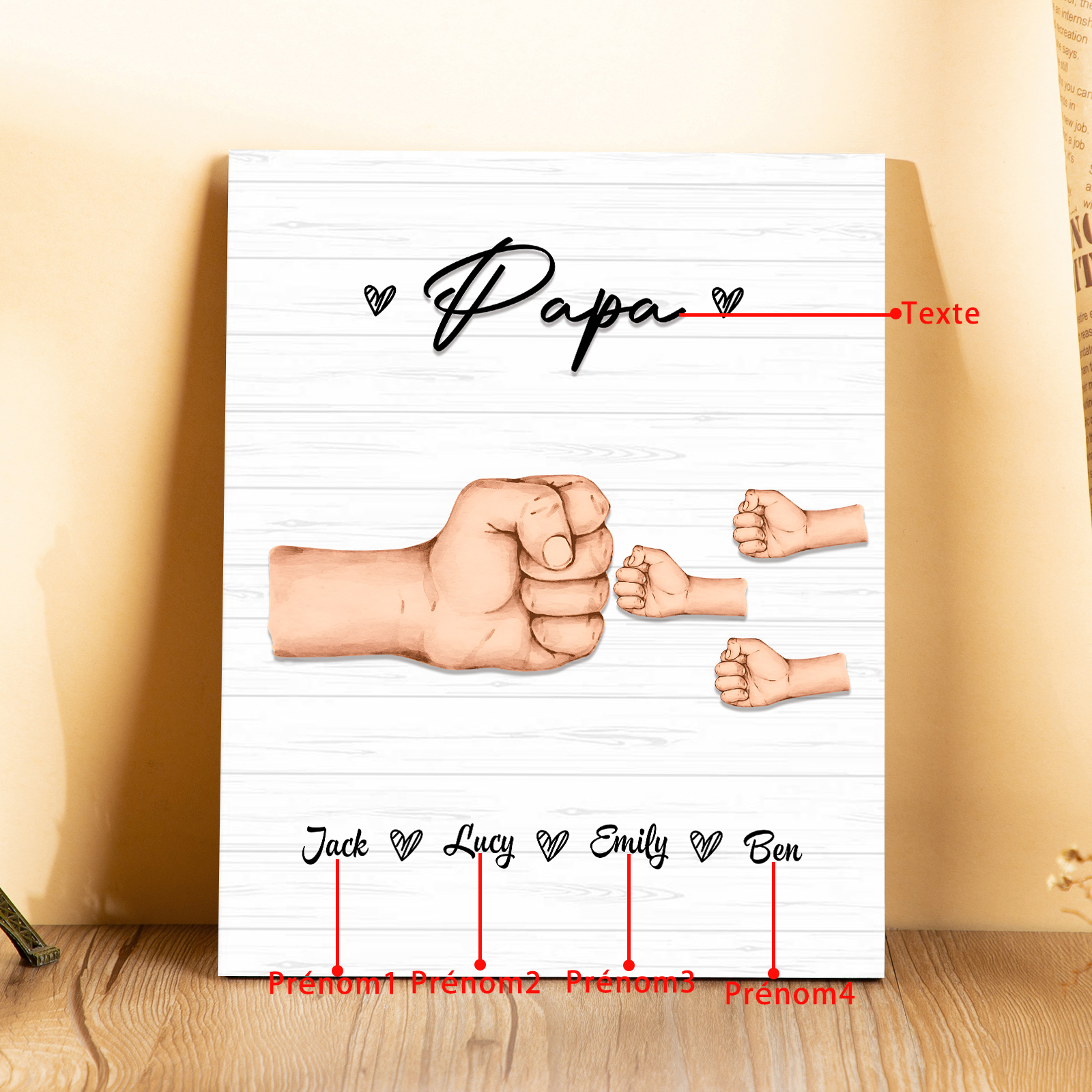 À Mon Papa/Papi-Cadre en Bois Poings 4 Prénoms Personnalisés avec Texte