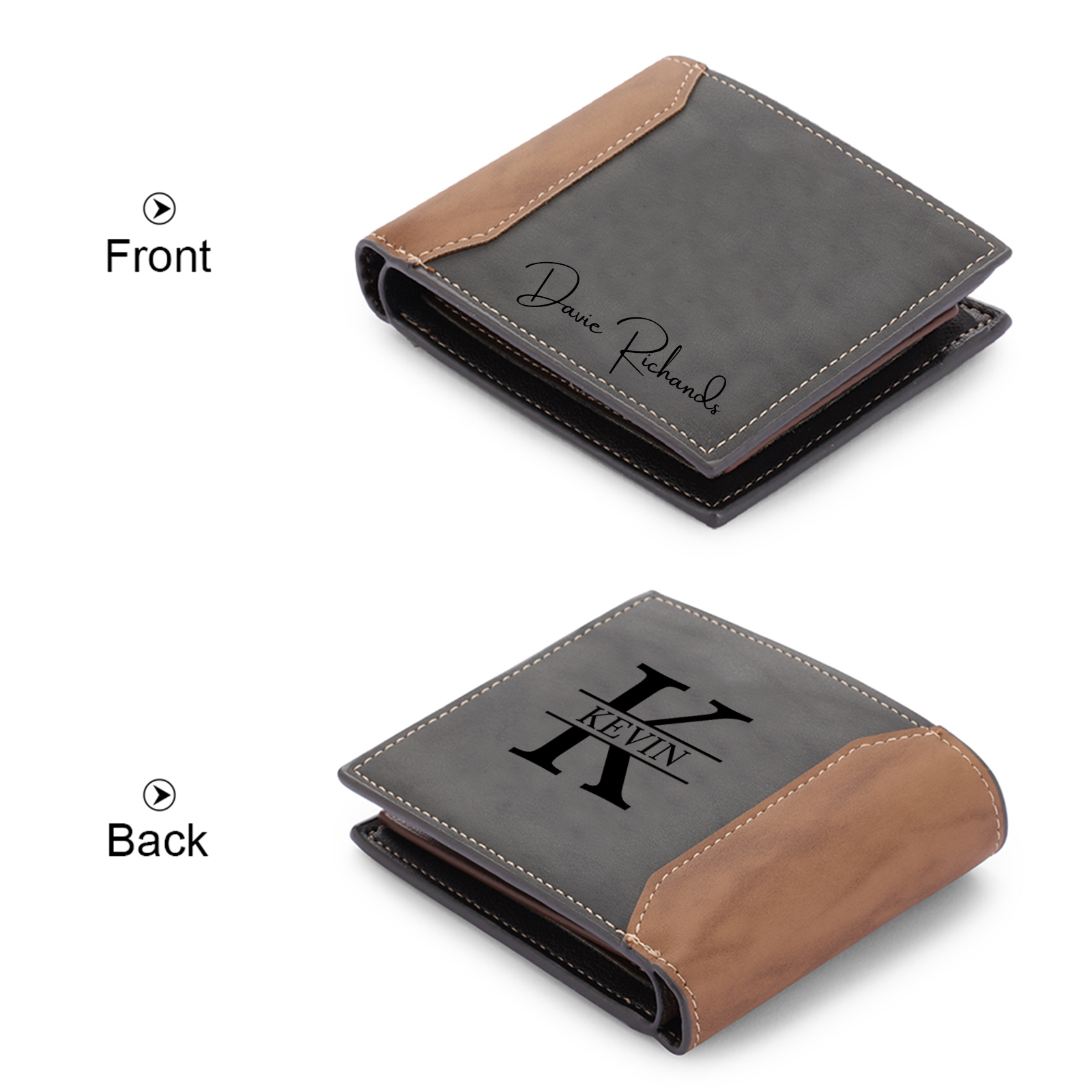 Coffret Cadeau 3PCS - Portefeuille classique Porte-Clés et Stylo 1 Prénom et Lettre Personnalisés avec 2 Textes et 1 Photo Coffret Cadeau pour Homme