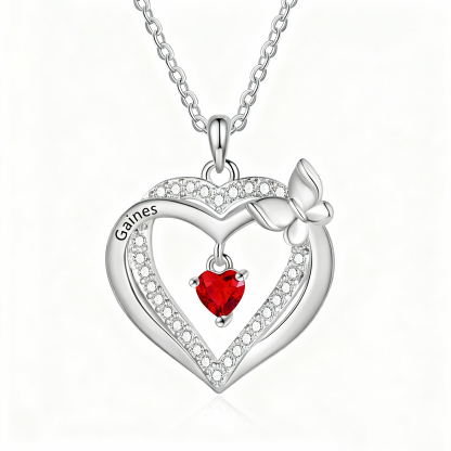 Collier Cœur Papillon Personnalisé avec Pierre de Naissance, 1 à 3 Prénoms
