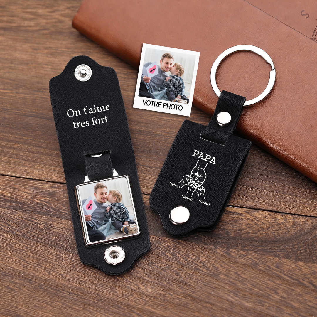 À mon Papa - Porte-Clés Cuir Poings 3 Prénoms Personnalisés avec Photo et Texte