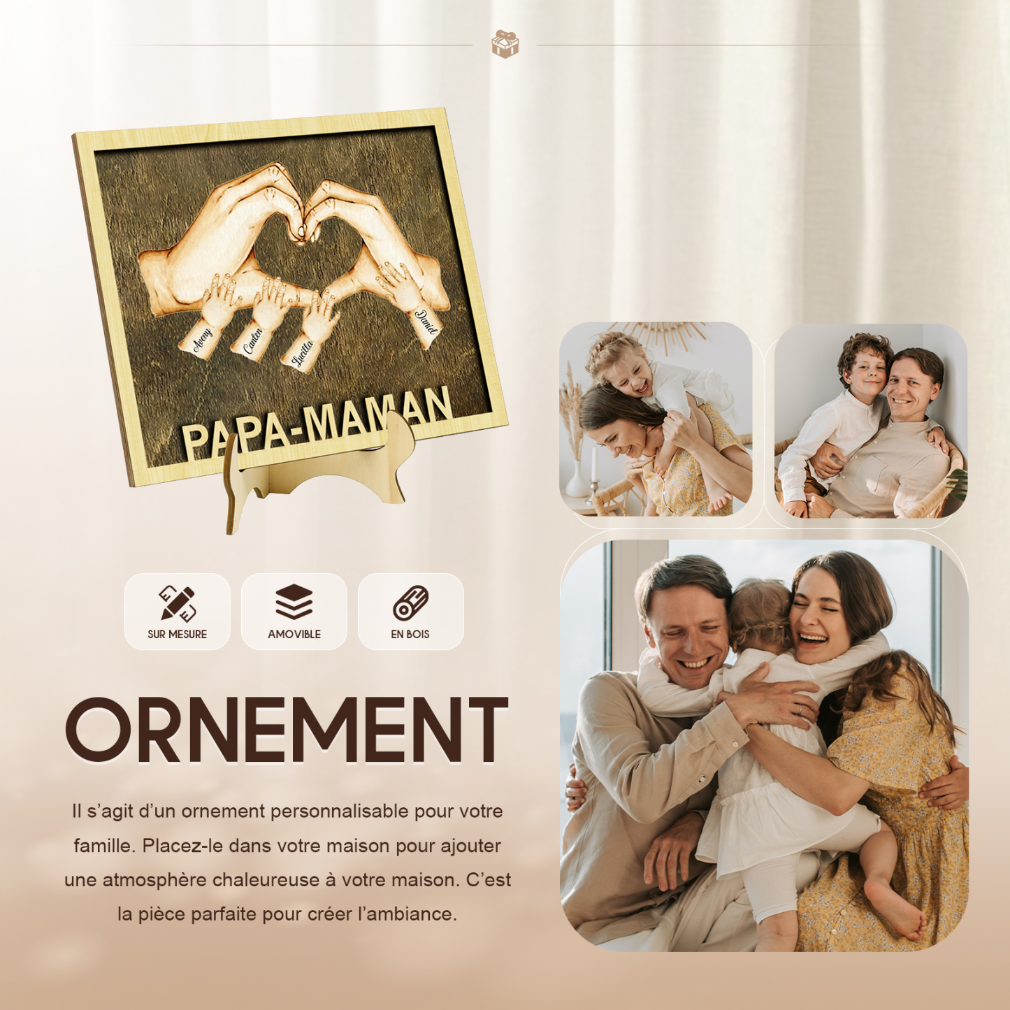 Décoration en bois la Main dans la Main 4 Prénoms Personnalisés Ornement pour Famille