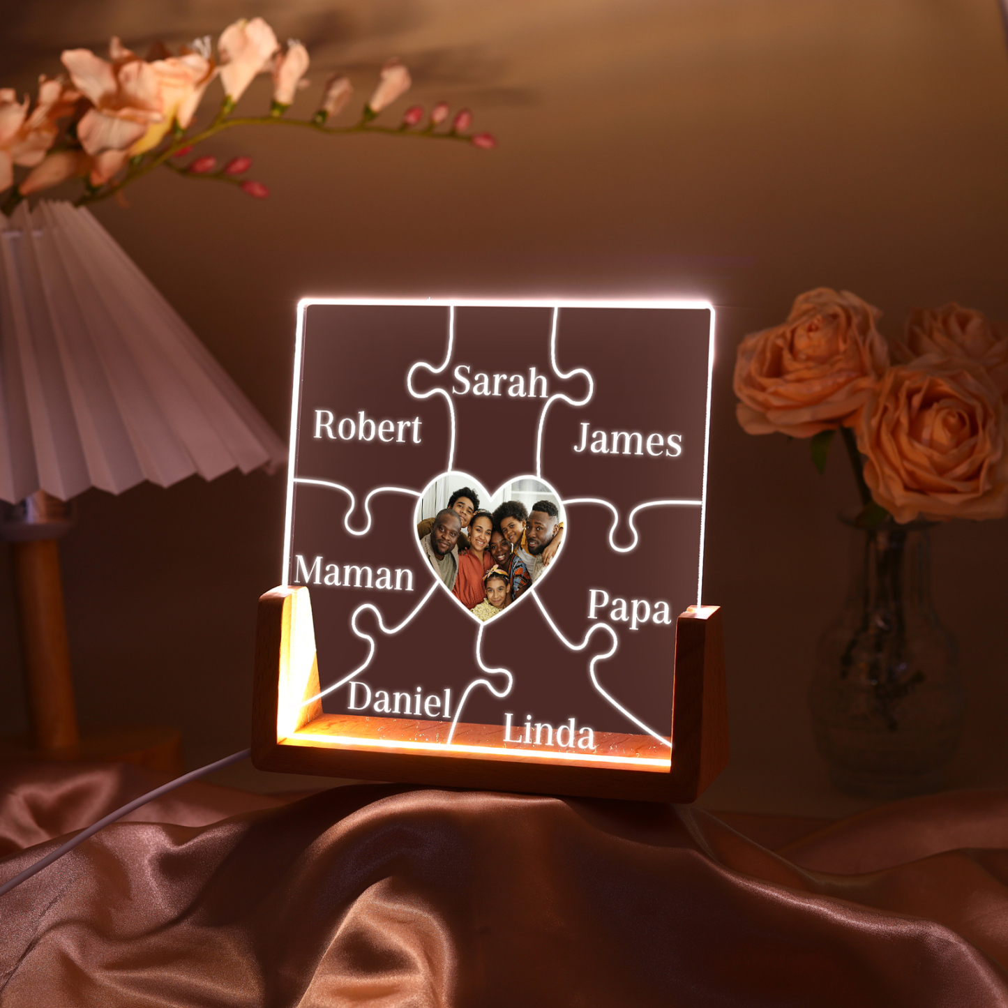 Lampe de chevet LED Puzzles 7 Prénoms Personnalisés avec Photo pour Famille