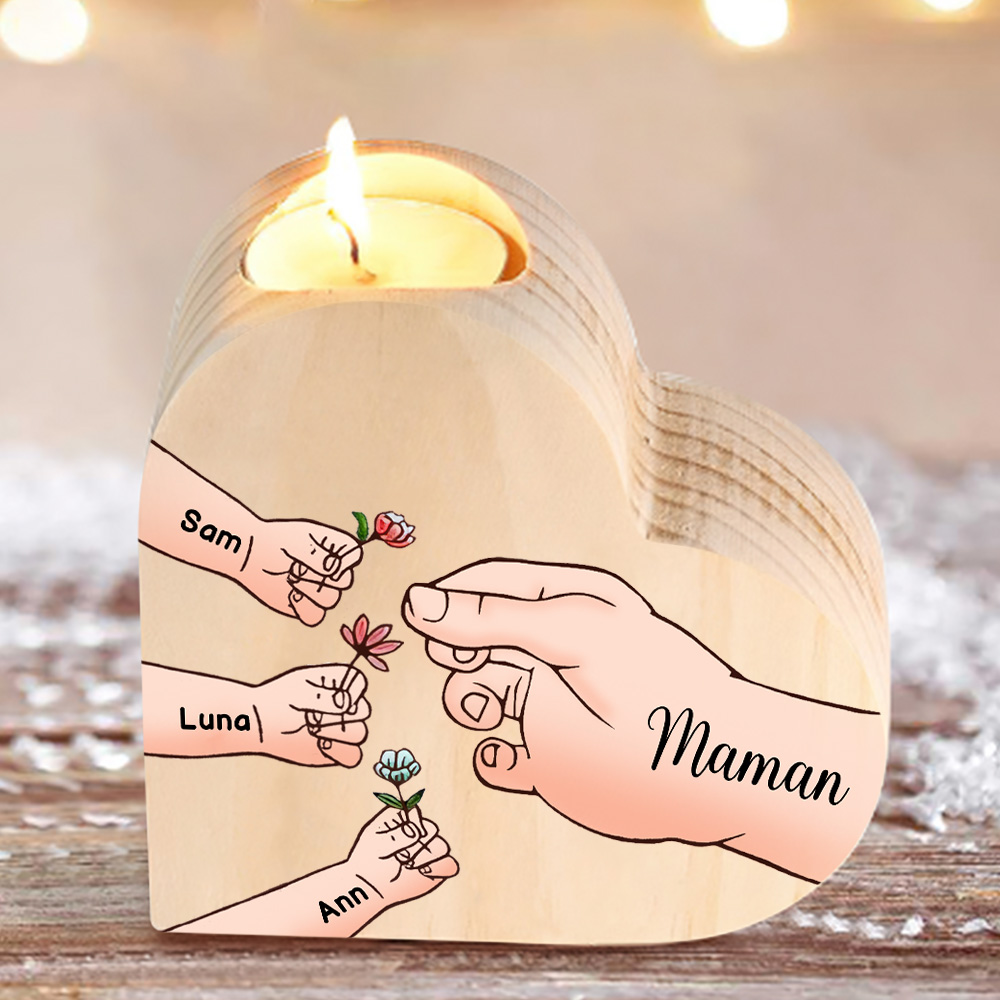À Ma Maman/Mamie - Bougeoir en Bois Mains et Enfants 4 Prénoms Personnalisés pour Famille sans bougie