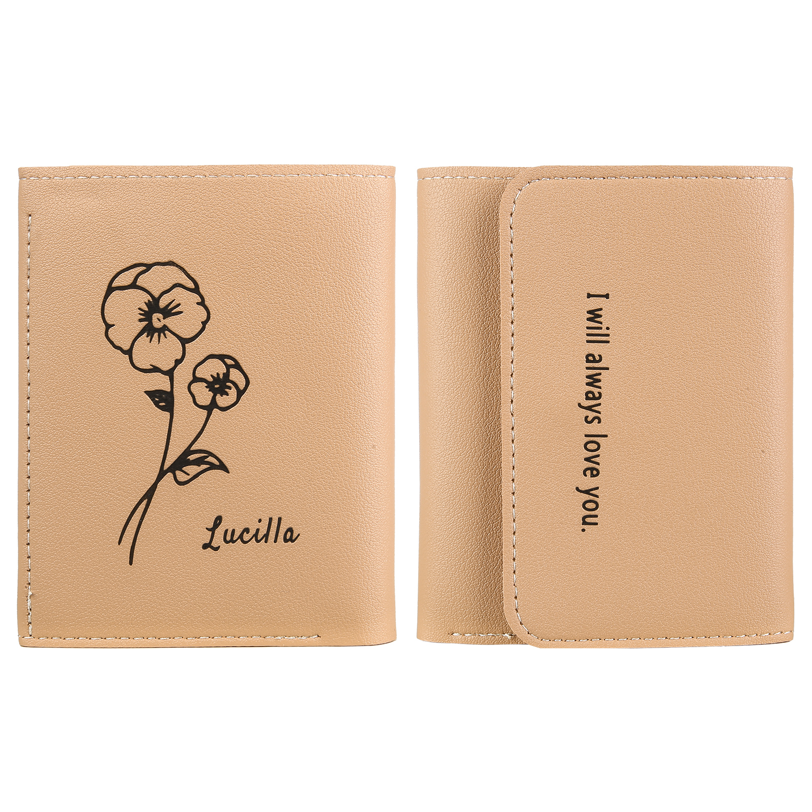 Portefeuille Femme Prénom et Texte Personnalisés avec Fleurs de naissance Porte-Monnaie Carte