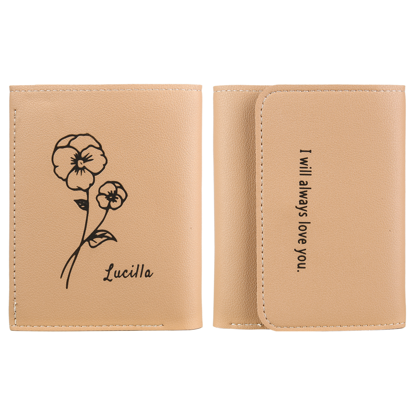 Portefeuille Femme Prénom et Texte Personnalisés avec Fleurs de naissance Porte-Monnaie Carte