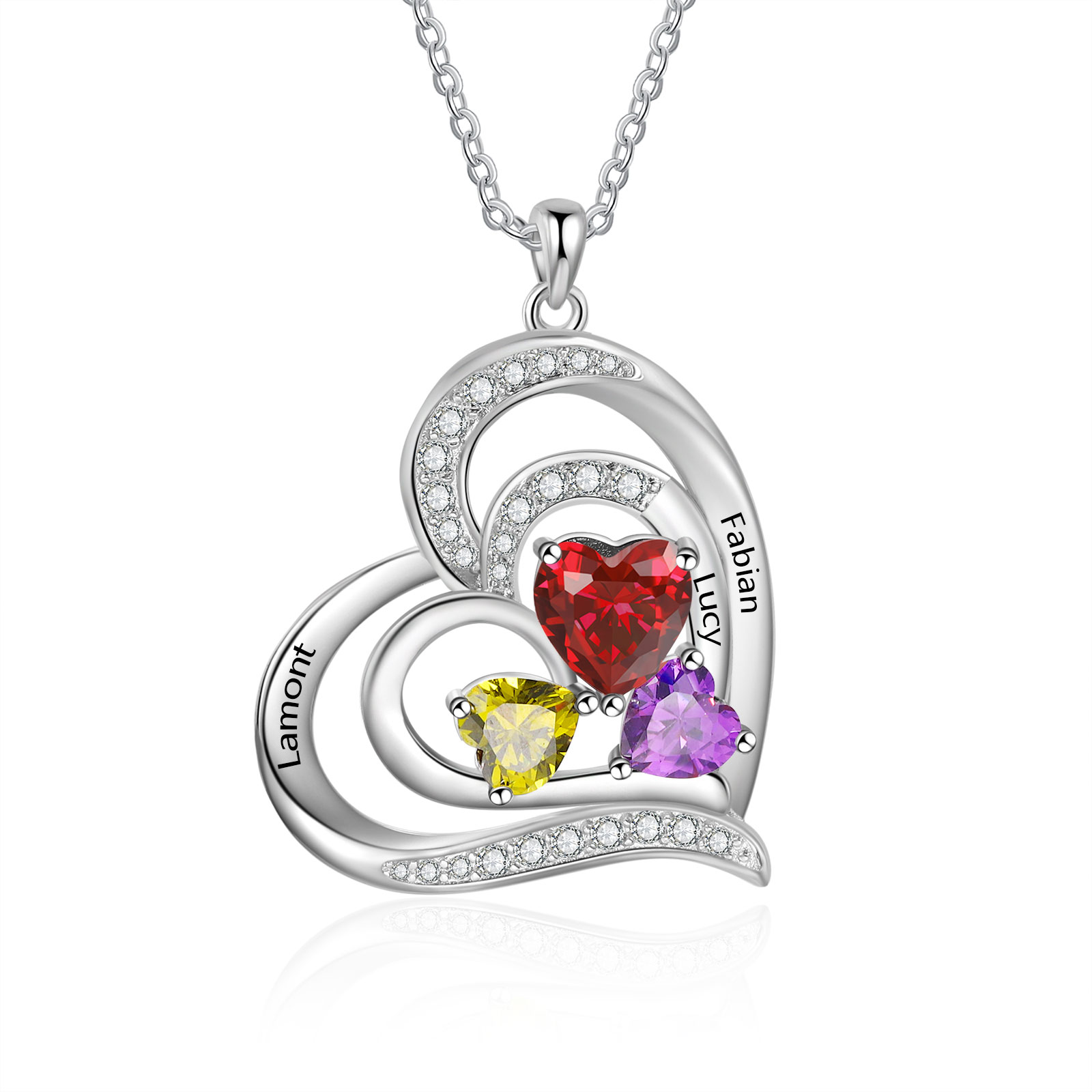 Collier Pendentif Cœur 3 Prénoms Personnalisés avec 3 Pierres de Naissance Collier Femmes