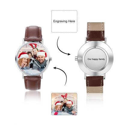 Montre Personnalisée Photo avec Gravure du prénom ou Message Bracelet en Cuir pour Homme