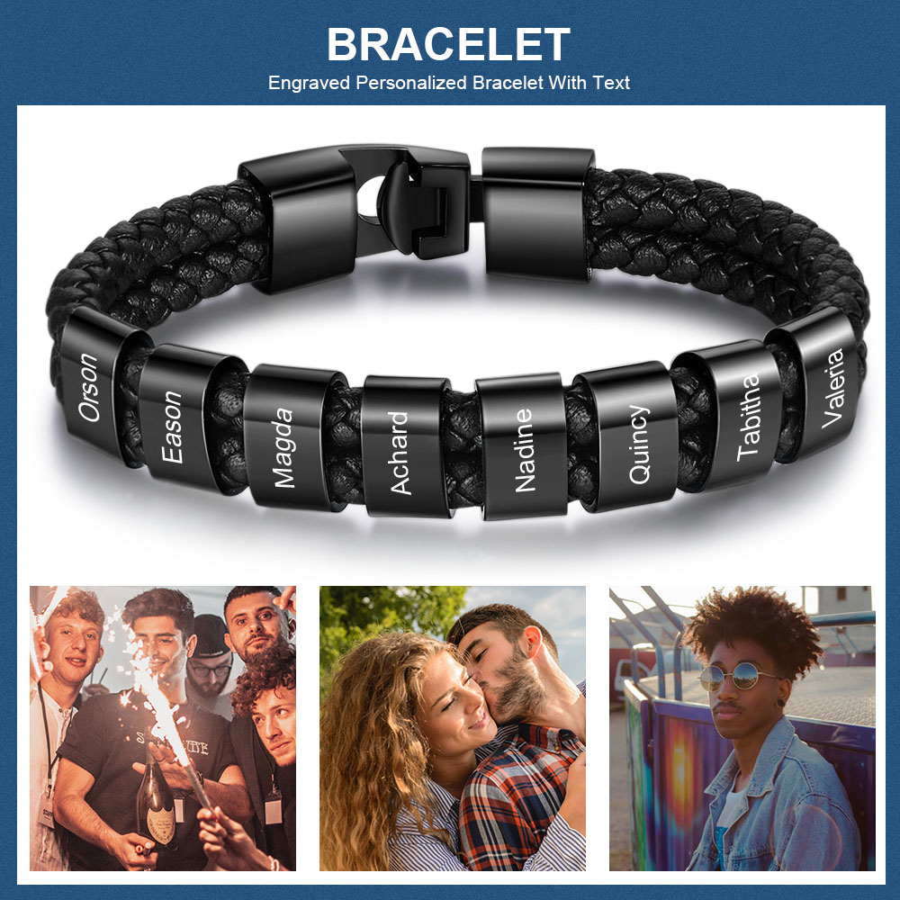 Bracelet Cuir tressé 8 Perles Prénom Personnalisé Bracelet Homme