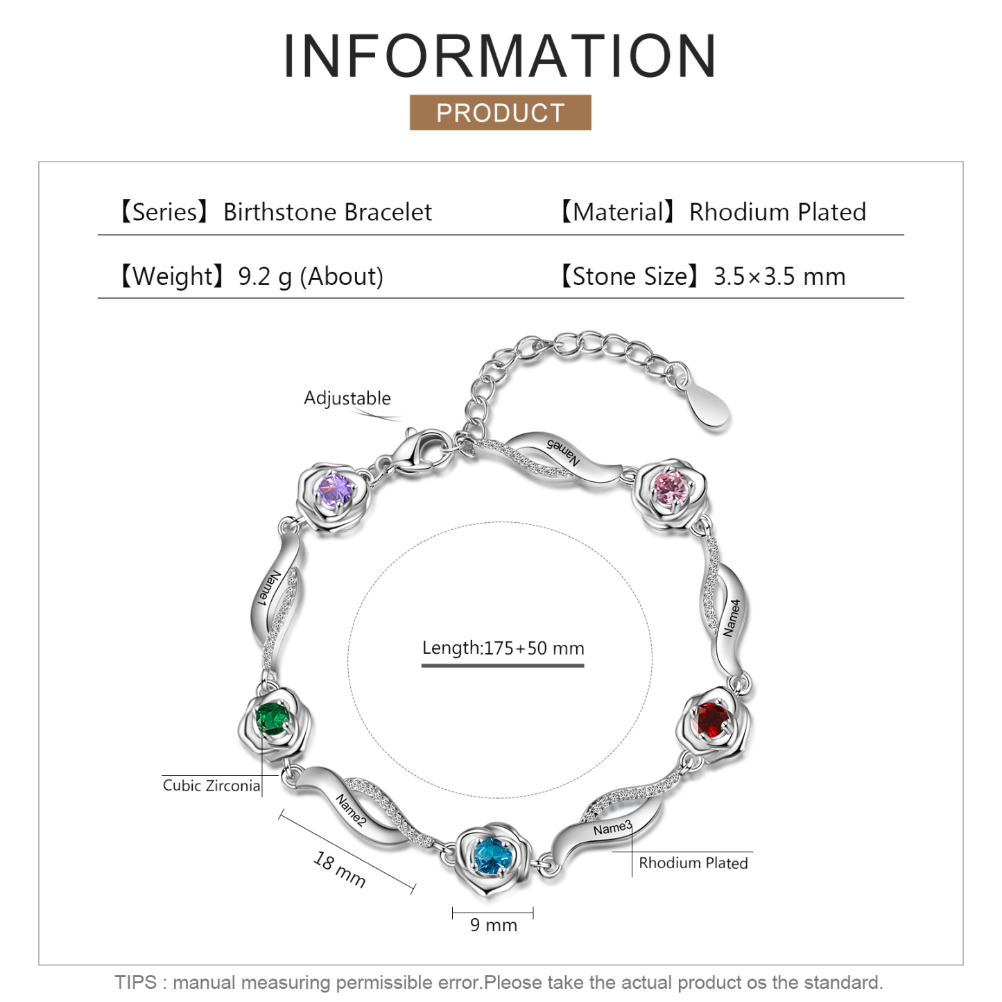 Bracelet Roses 5 Prénom Personnalisé avec 5 Pierre de Naissance