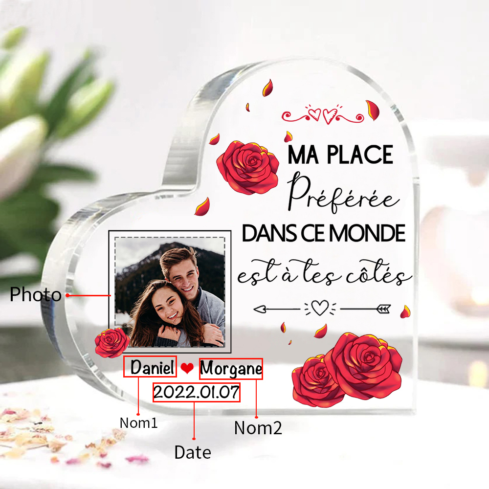 Plaque Acrylique en Forme de Coeur 2 Prénoms avec Photo et Date Personnalisées