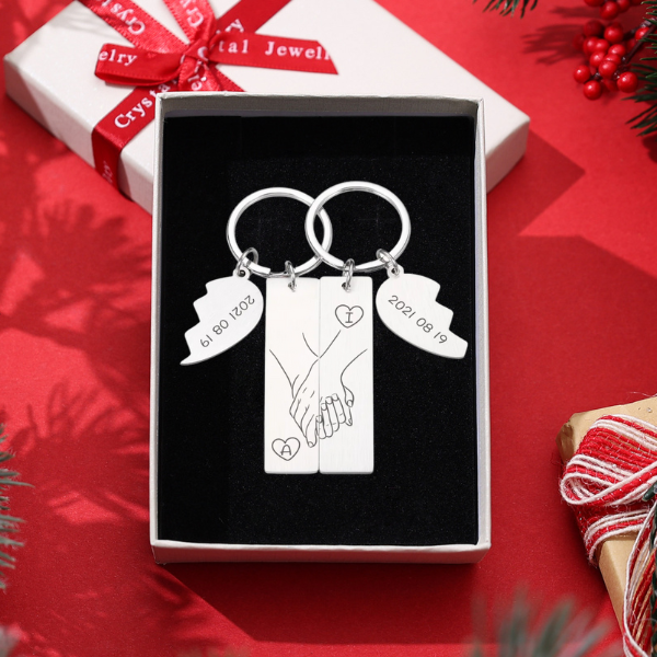 Porte-Clés la main dans la main 2 Lettres Personnalisés avec Date-Jessemade FR