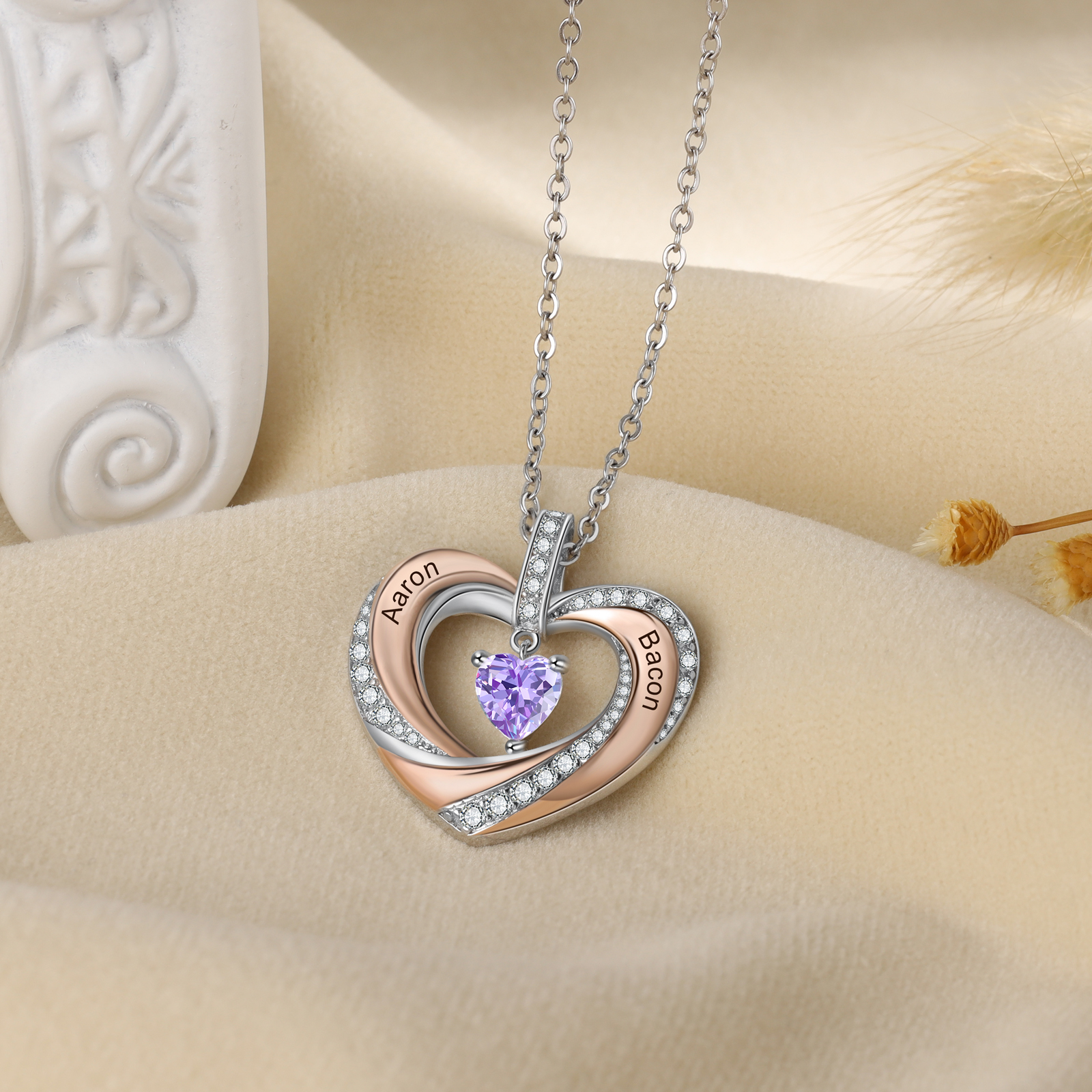 Collier 2 Prénoms Personnalisé Pendentif avec 1 Pierre de Naissance Cœur