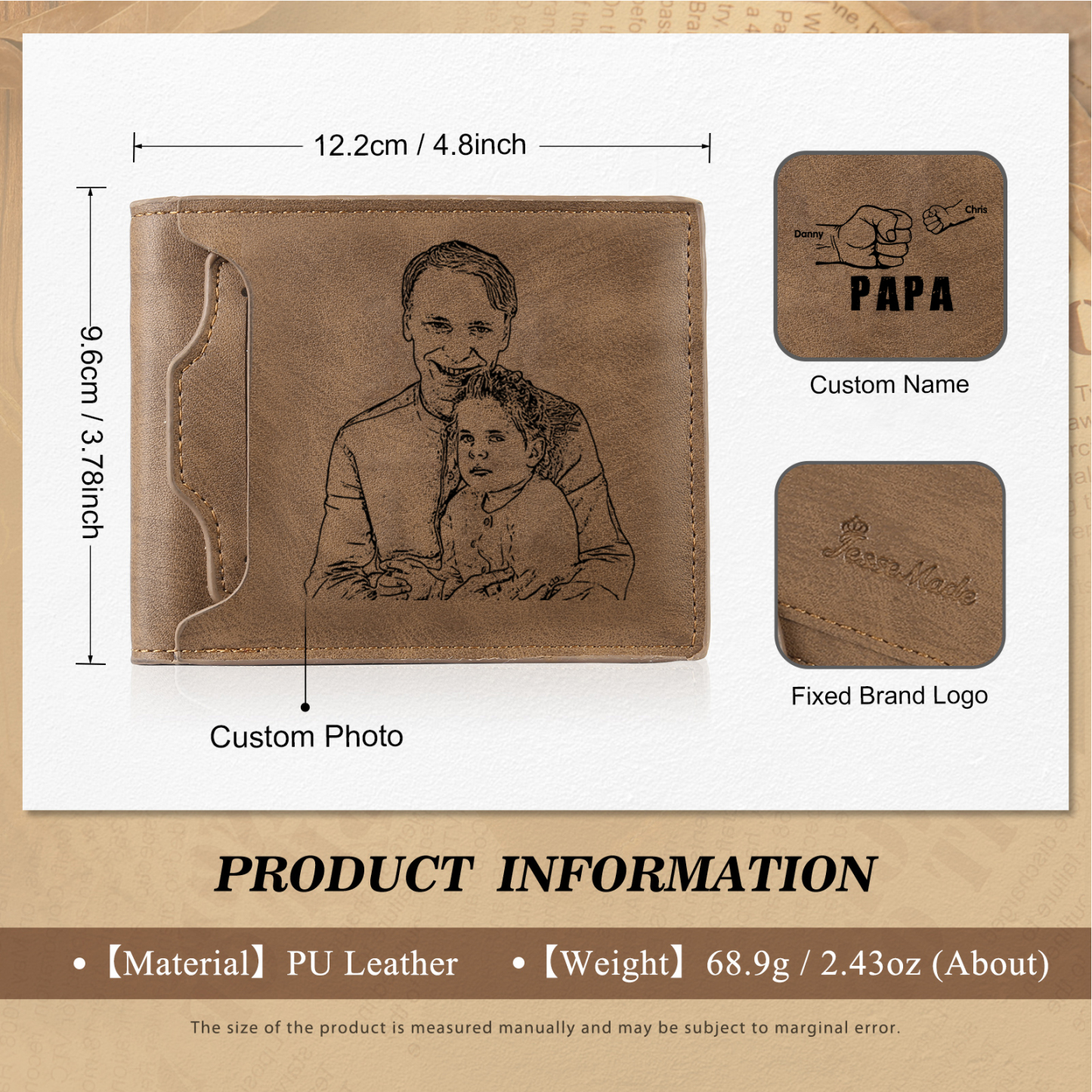 À mon Papa - Portefeuille Poings 2 Prénoms Personnalisés avec Photo Classique Homme Porte-Monnaie Carte