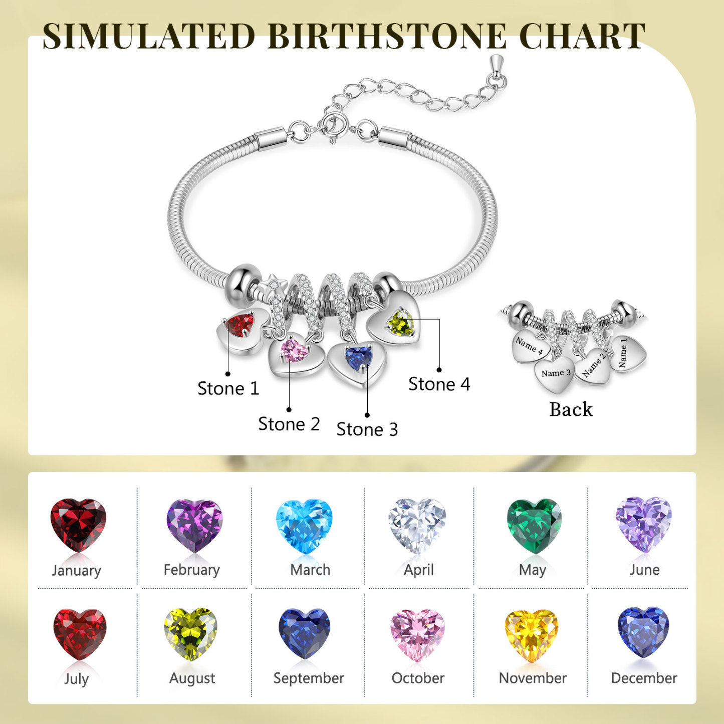 Bracelet Personnalisé avec 4 Prénoms et Pierres de Naissance Bracelet avec pendentif en forme de coeur pour Femme | Jessemade