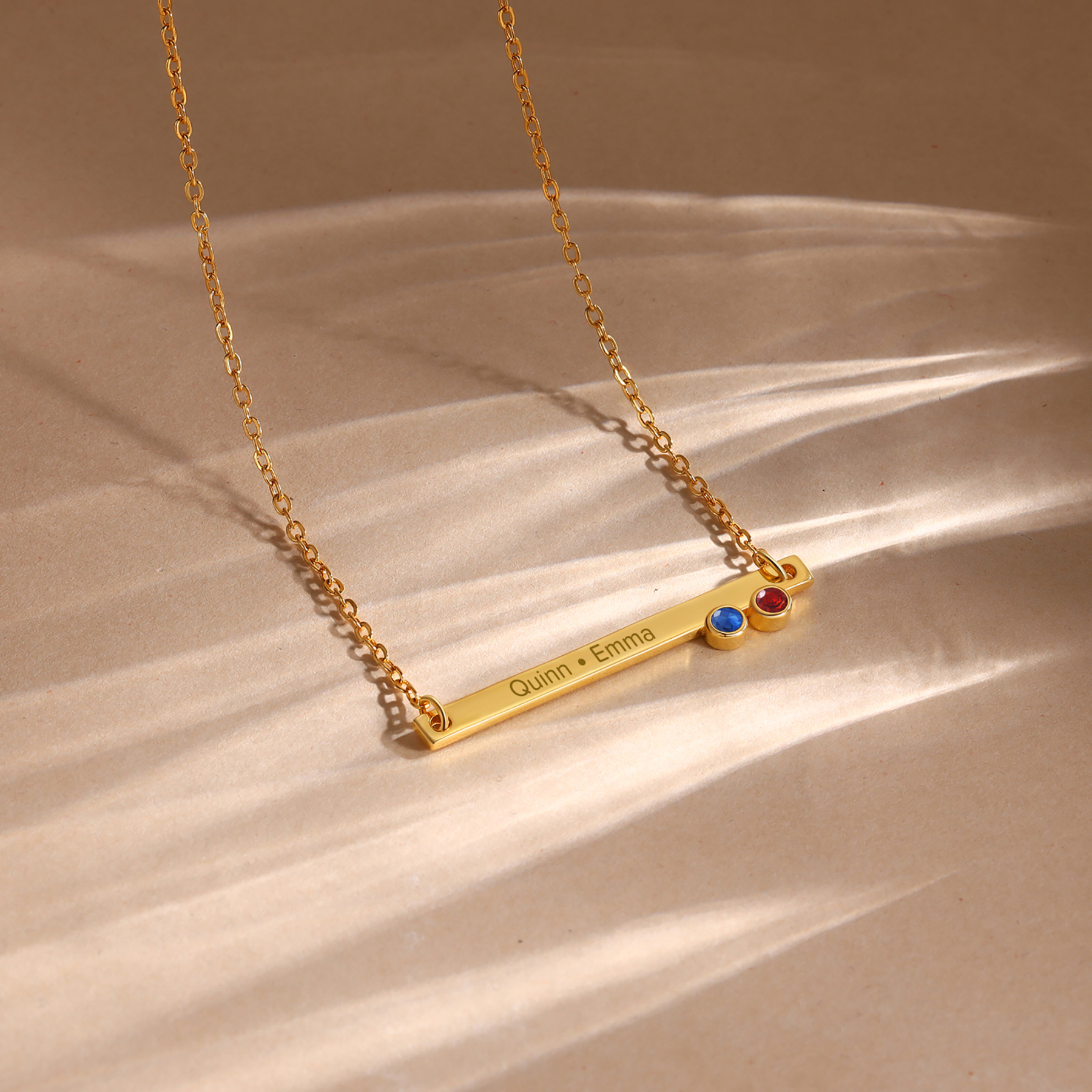 Collier Barre fine 1 Texte Personnalisé avec 2 Pierres de naissance Collier Femmes