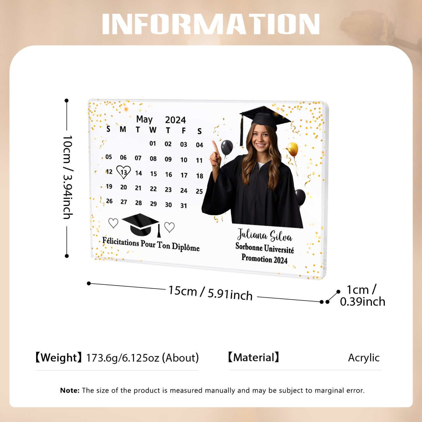 Plaque Acrylique Rectangle Diplômés Prénom et Photo Personnalisés avec Date et 2 Textes Cadeau de Graduation