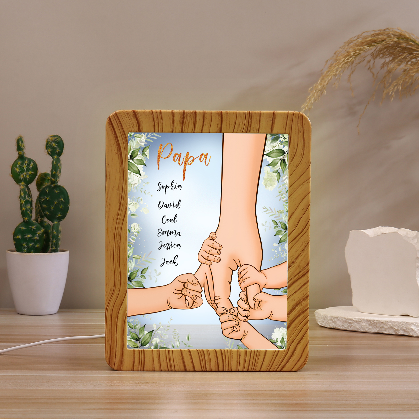 Lampe LED/Cadre Photo/Miroir multifonctionnel la main dans la main 6 Prénoms et 1 Tetxe Personnalisés Cadeau Créatif pour Famille