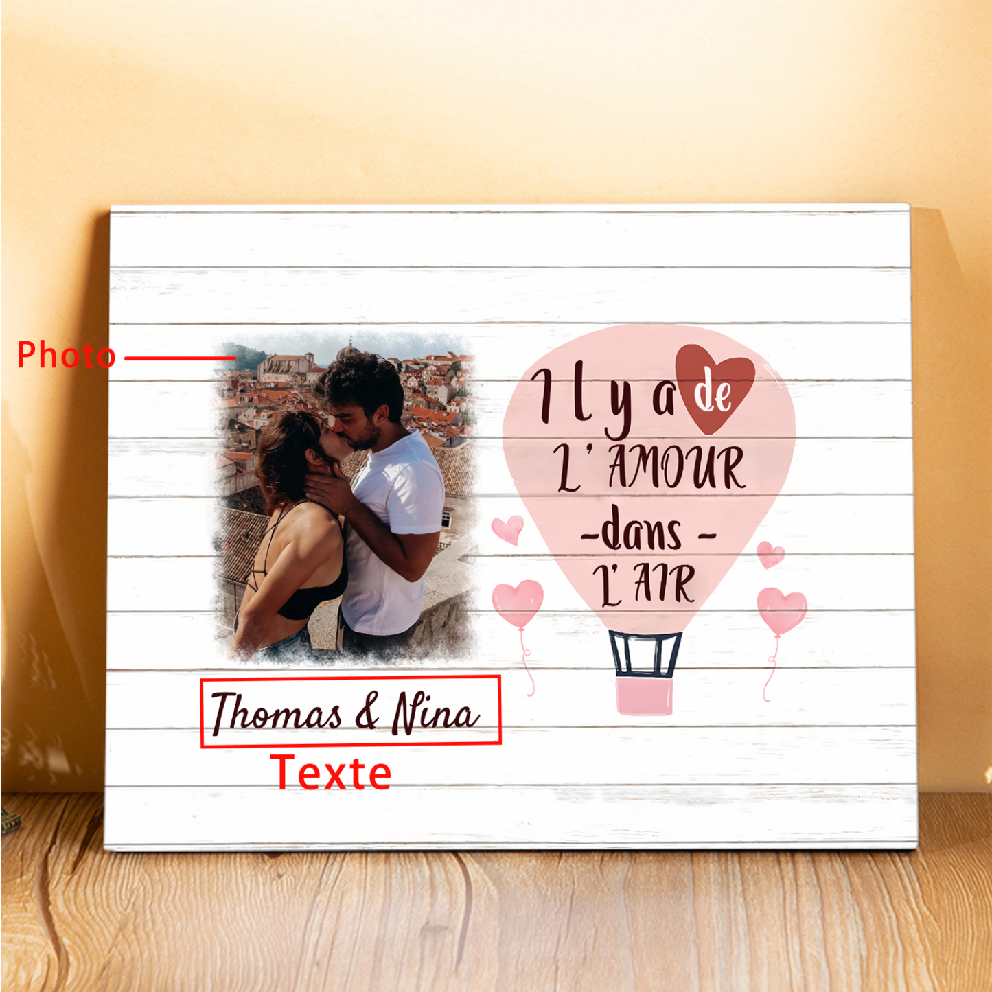 Cadre en Bois 2 Prénoms Personnalisés avec Photo pour Couple Cadeau Saint Valentin