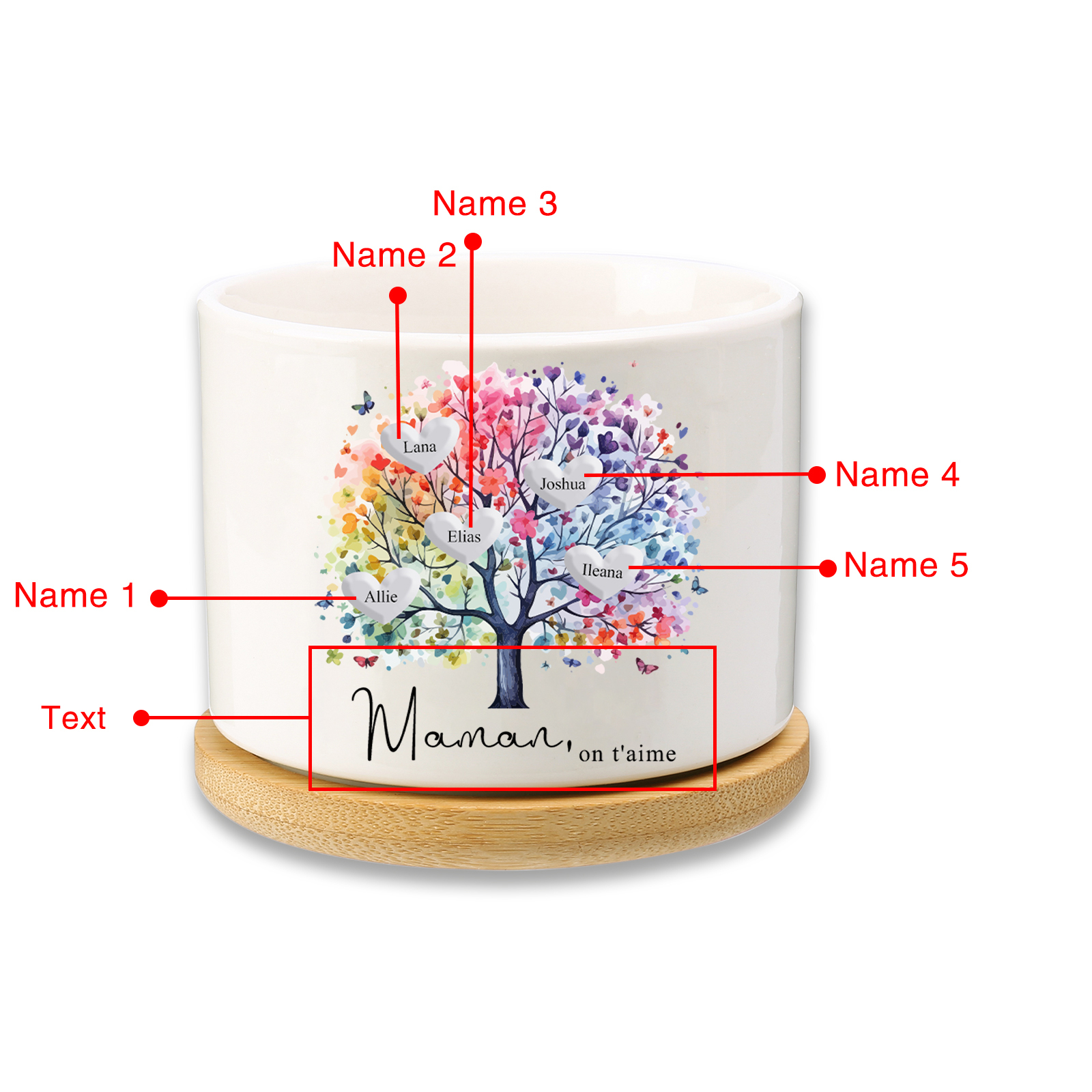 Vase/Pot de Fleurs Arbre 5 Prénoms Personnalisés avec Texte Décoration de la Maison (sans plantes)