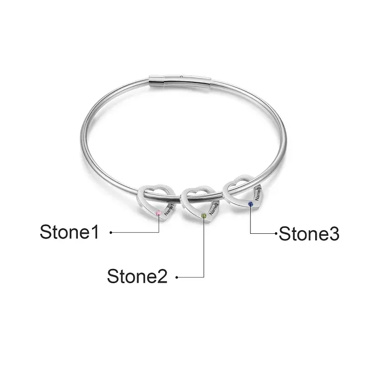 Bracelet Jonc 3 Prénoms Personnalisés avec 3 Pierres de Naissance | Jessemade