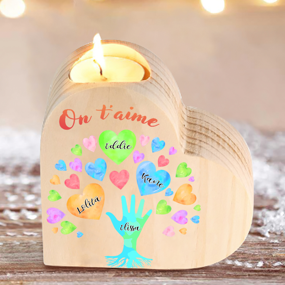 Bougeoir en Bois 4 Prénoms Personnalisés avec Texte sans bougie pour Famille