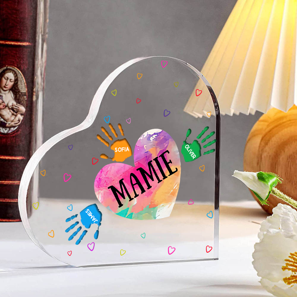 À ma Maman/Mamie - Plaque Acrylique Mains et Enfants en Forme de Cœur 4 Prénoms Personnalisés