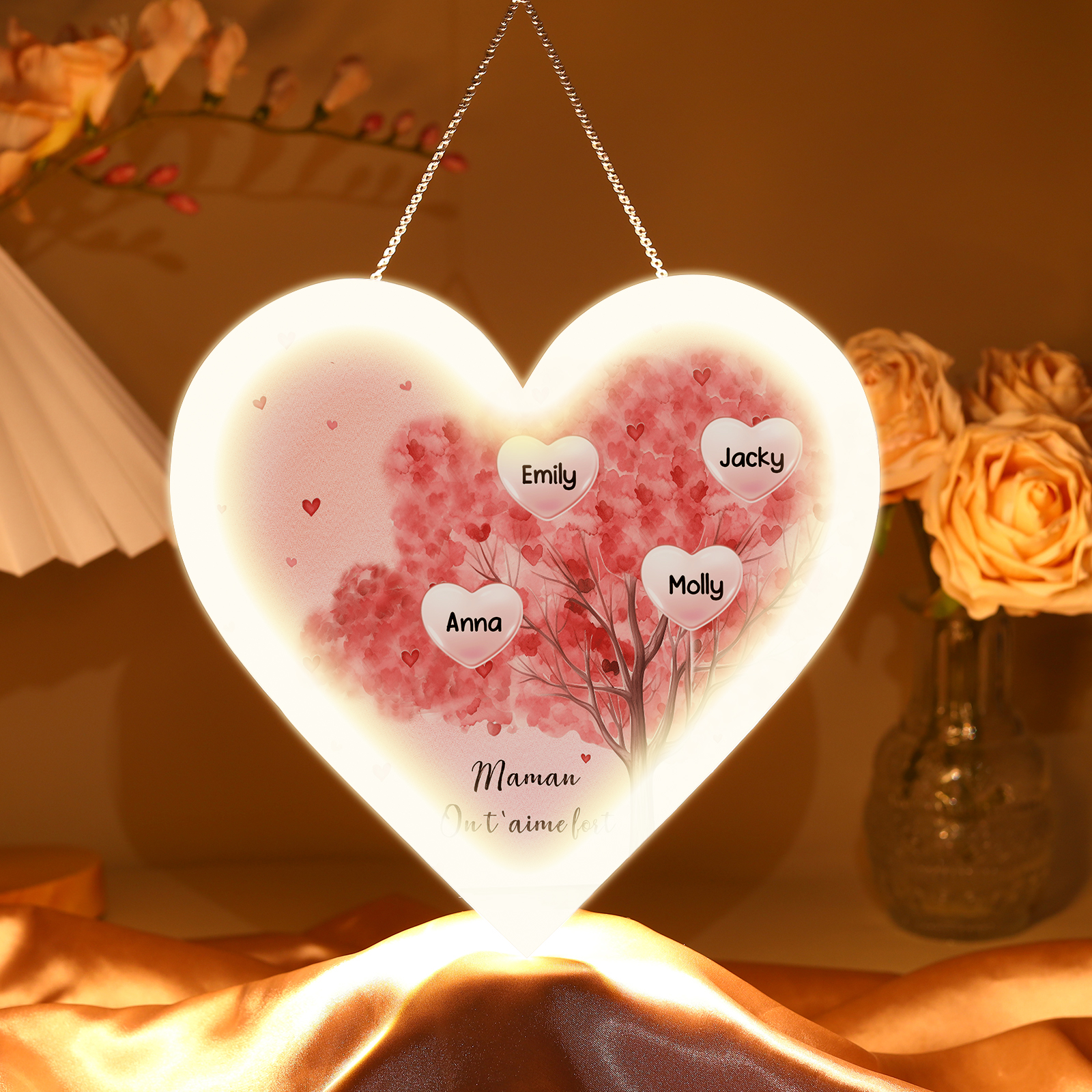 À Maman/Mamie - Veilleuse Cœur Arbre Décoration 4 Prénoms Personnalisés avec 1 Texte