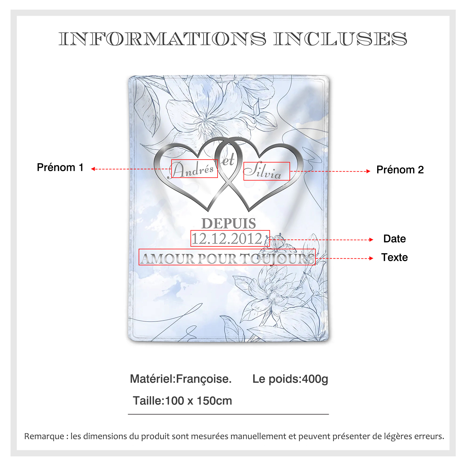 Couverture Plaids Polaire 2 Prénoms Personnalisés avec Date et Texte pour Couple | Jessemade