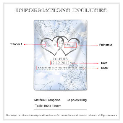 Couverture Plaids Polaire 2 Prénoms Personnalisés avec Date et Texte pour Couple | Jessemade