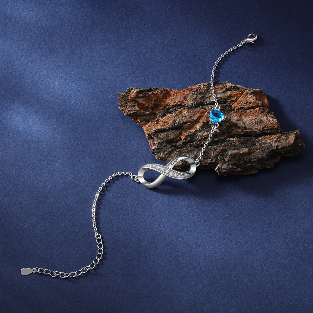 Bracelet infini à Breloque coeurs 1 Prénom Personnalisé avec 1 Pierre de Naissance