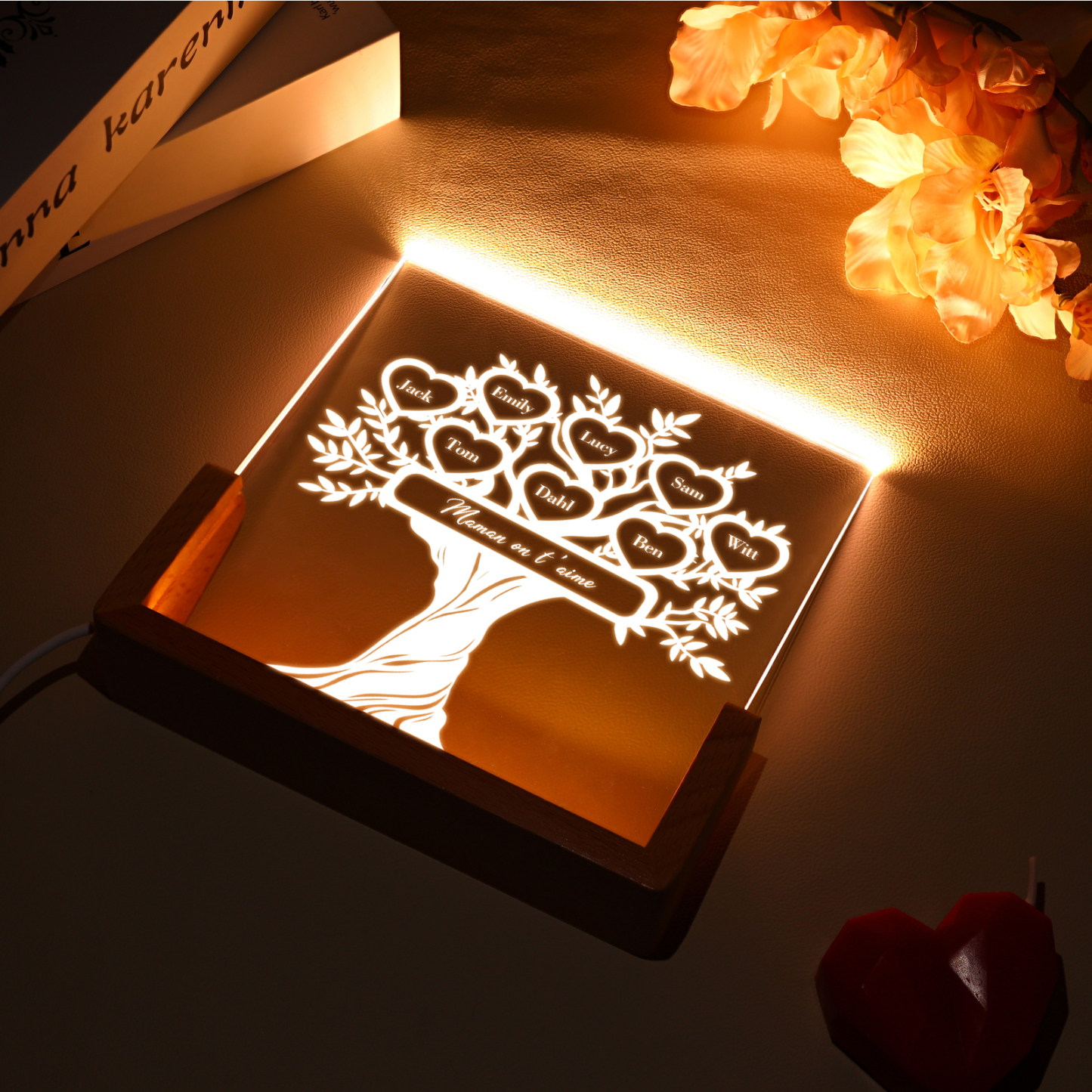 À Maman/Mamie - Lampe de chevet LED Arbre de Vie 8 Prénoms Personnalisés avec Texte pour Famille