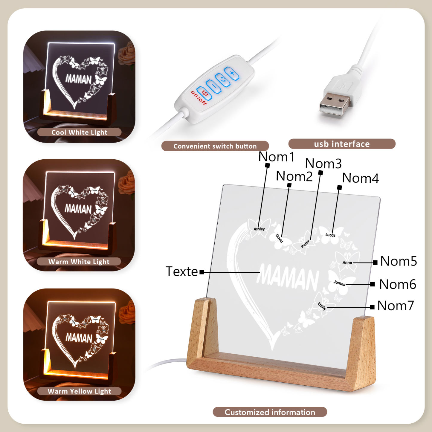 À Maman/Mamie - Lampe de chevet LED Cœur et Papillon 7 Prénoms Personnalisés avec Texte pour Famille